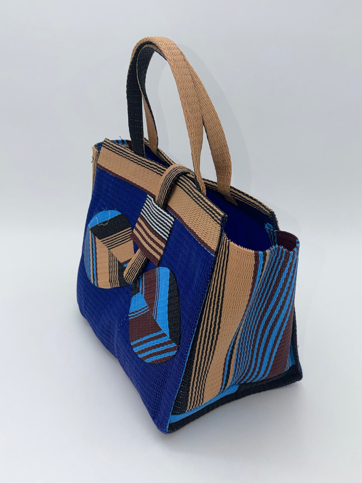 Berry Medium  handwoven tote bag by SCRUBIES in Blue,Beige,Black with Solid design and Bow accent pattern