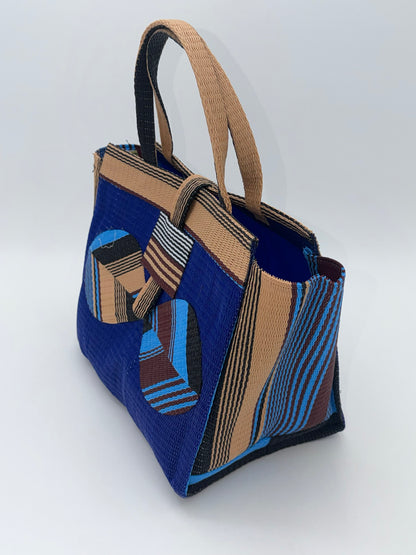 Berry Medium  handwoven tote bag by SCRUBIES in Blue,Beige,Black with Solid design and Bow accent pattern
