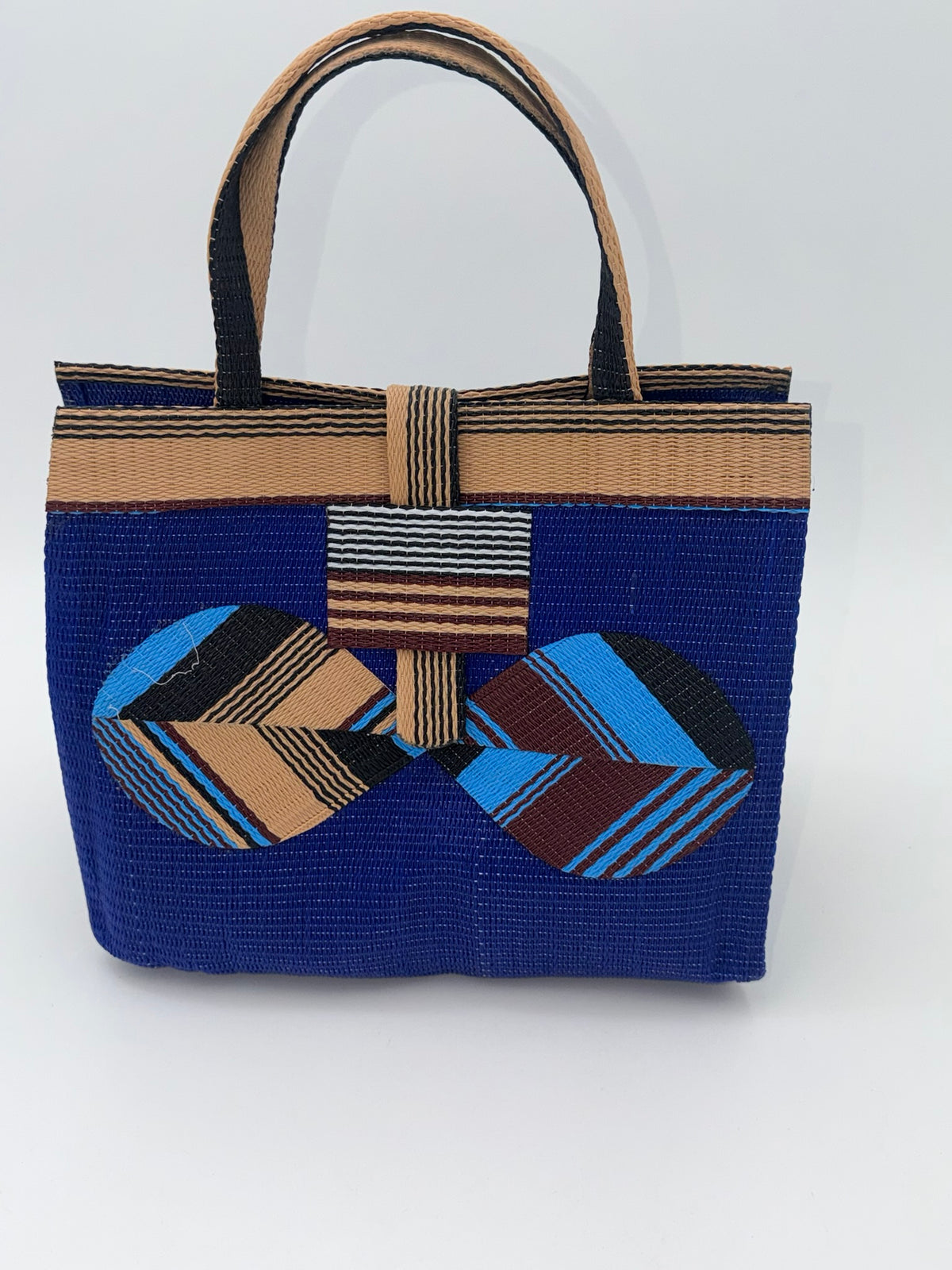 Berry Medium  handwoven tote bag by SCRUBIES in Blue,Beige,Black with Solid design and Bow accent pattern