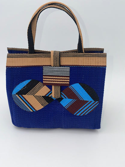Berry Medium  handwoven tote bag by SCRUBIES in Blue,Beige,Black with Solid design and Bow accent pattern