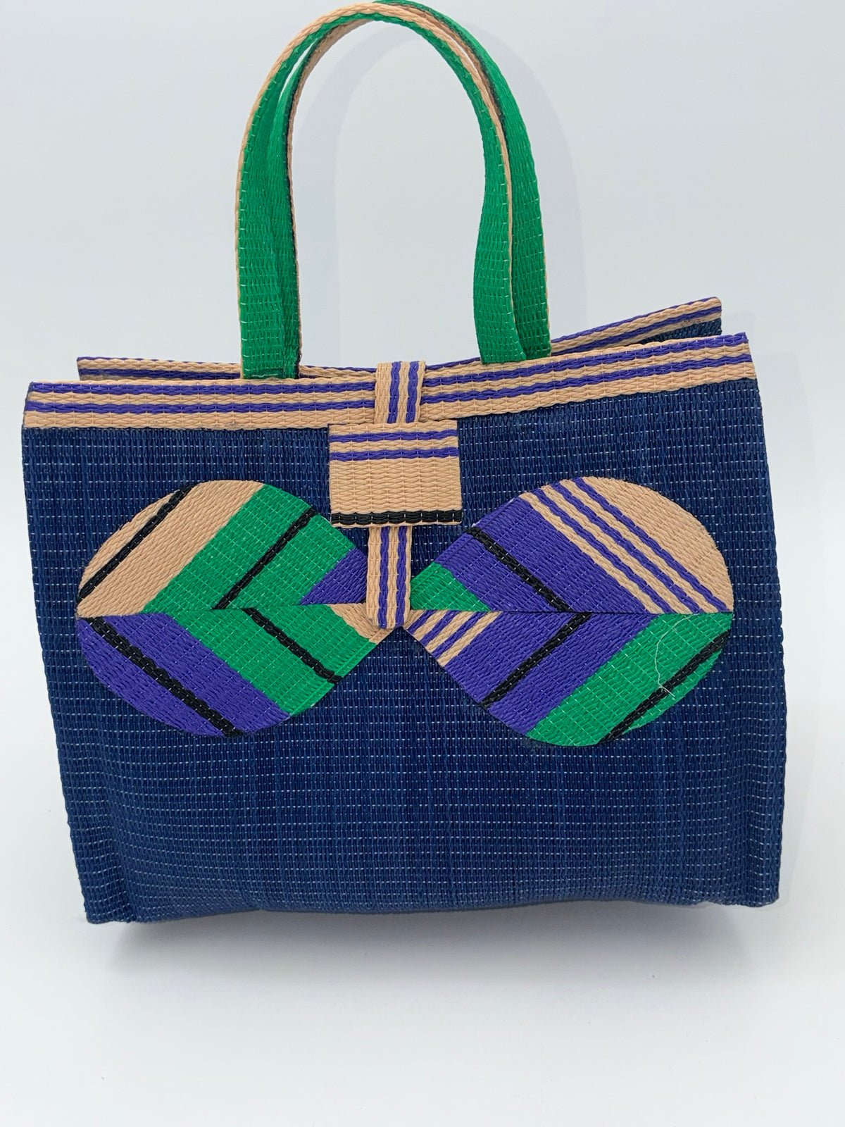 Berry Medium  handwoven tote bag by SCRUBIES in Blue,Beige,Green,Purple with Solid design and Bow accent pattern