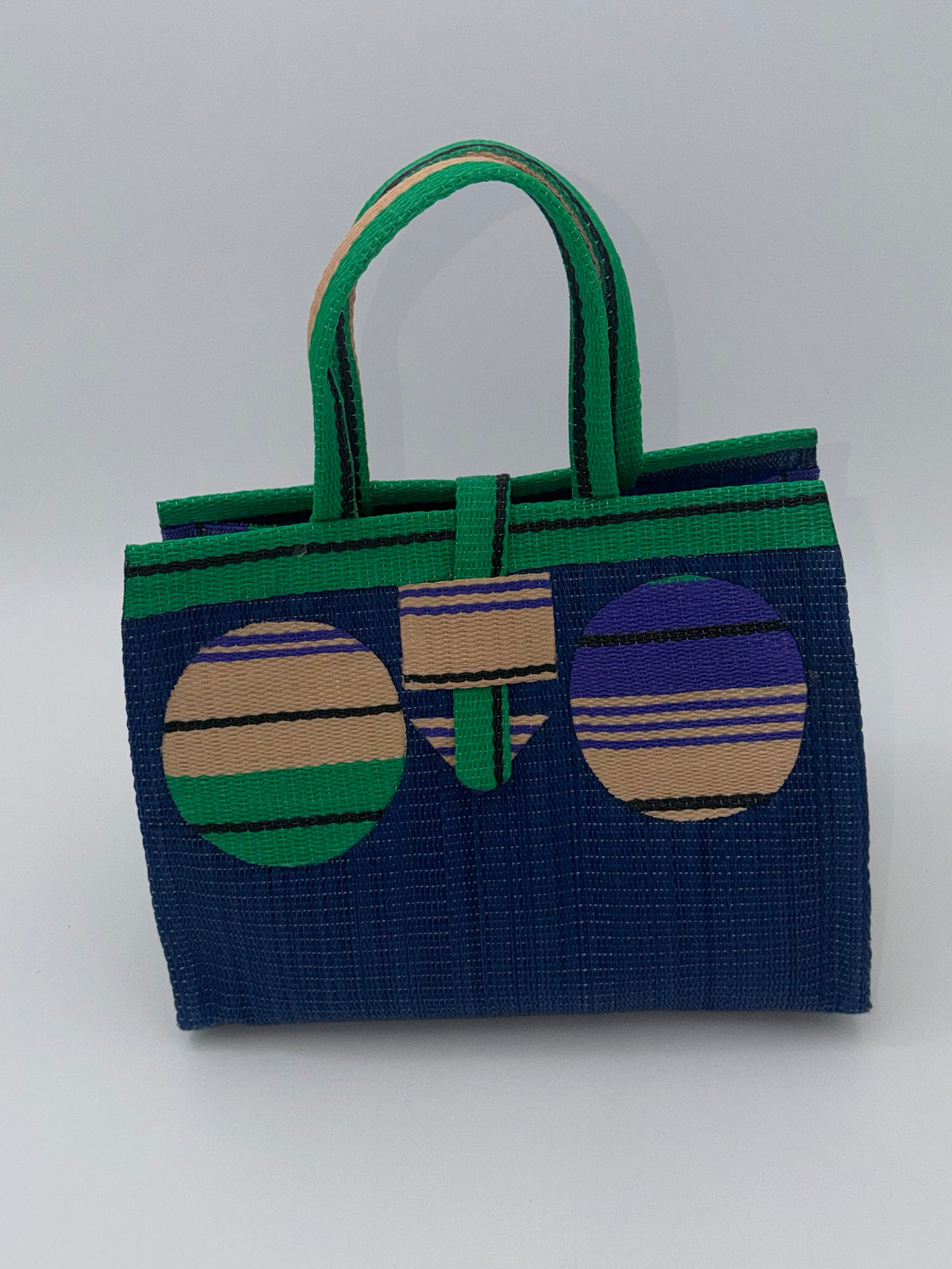 Berry Medium  handwoven tote bag by SCRUBIES in Blue,Beige,Purple,Green, with Solid design and Circle accent pattern