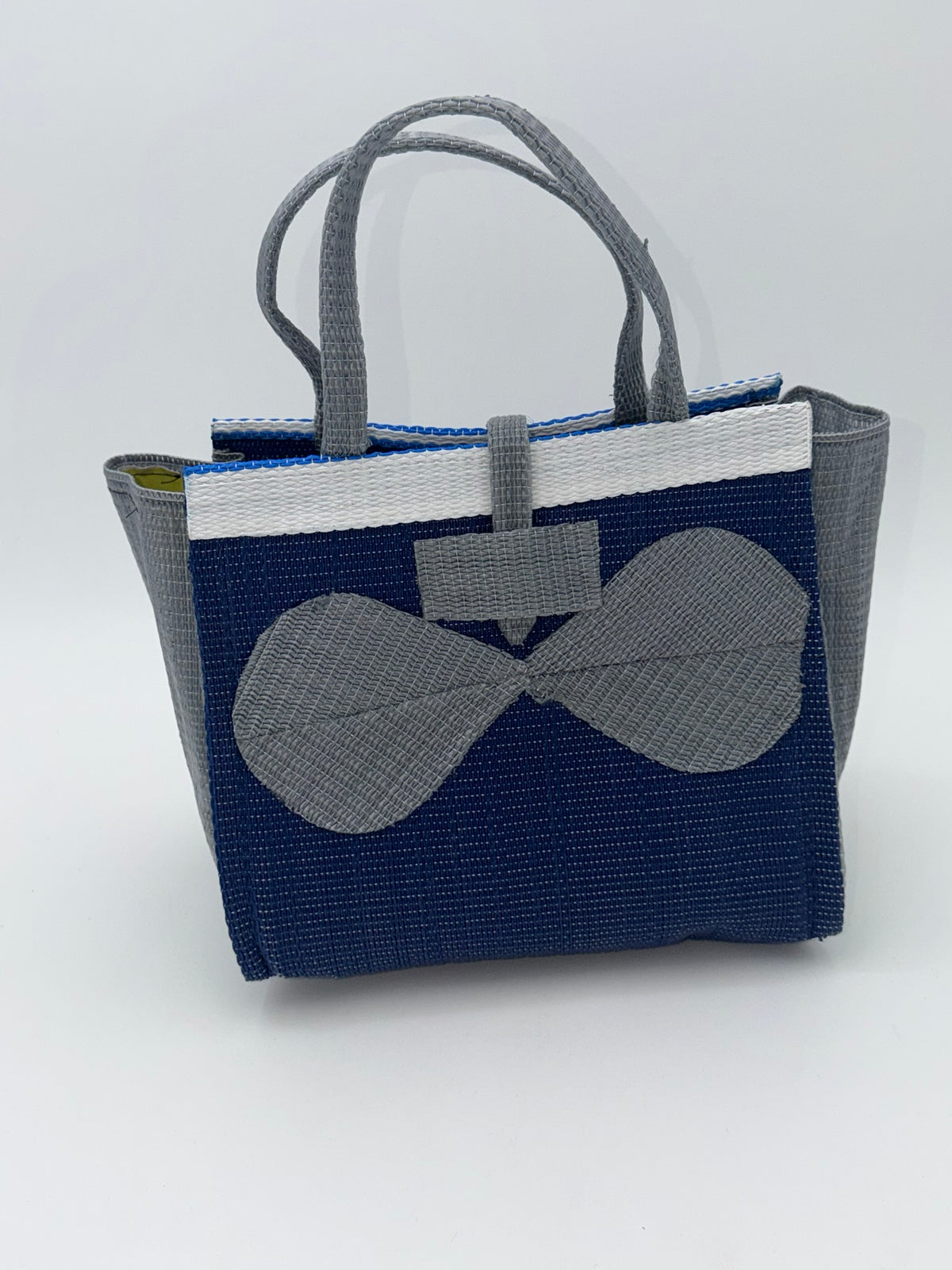 Berry Medium  handwoven tote bag by SCRUBIES in Blue,Gray,White with Solid design and Bow accent pattern
