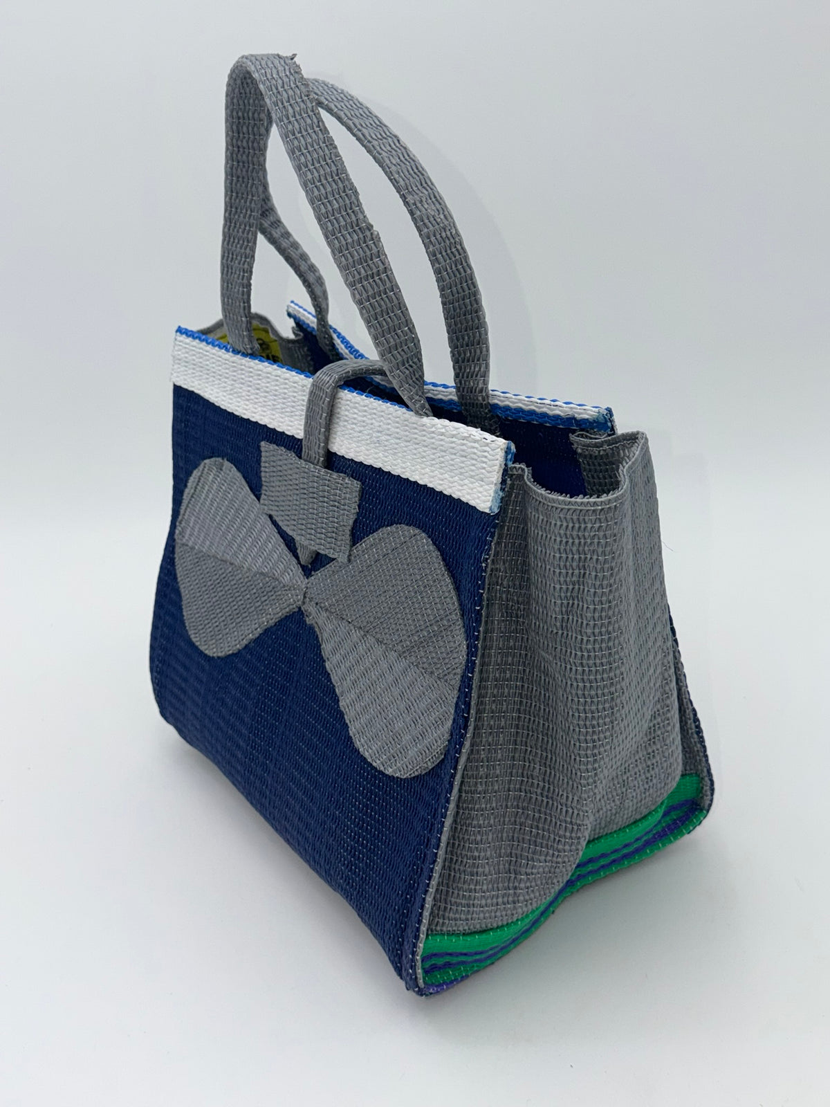 Berry Medium  handwoven tote bag by SCRUBIES in Blue,Gray,White with Solid design and Bow accent pattern