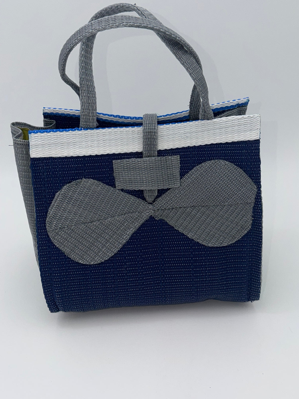 Berry Medium  handwoven tote bag by SCRUBIES in Blue,Gray,White with Solid design and Bow accent pattern