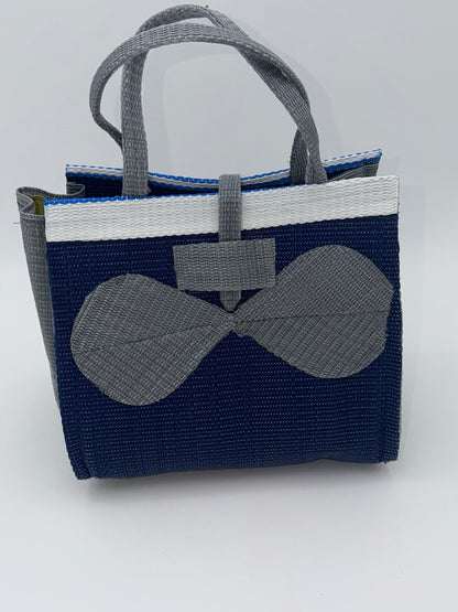 Berry Medium  handwoven tote bag by SCRUBIES in Blue,Gray,White with Solid design and Bow accent pattern