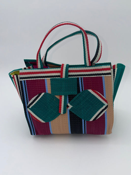 Winery Medium  handwoven tote bag by SCRUBIES in Green,Beige,Black,Wine, with Stripes design and Bow accent pattern