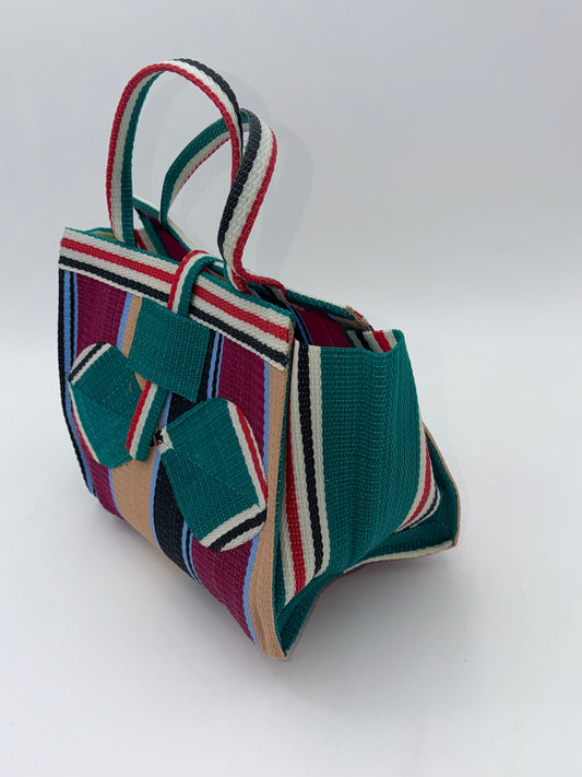 Winery Medium  handwoven tote bag by SCRUBIES in Green,Beige,Black,Wine, with Stripes design and Bow accent pattern