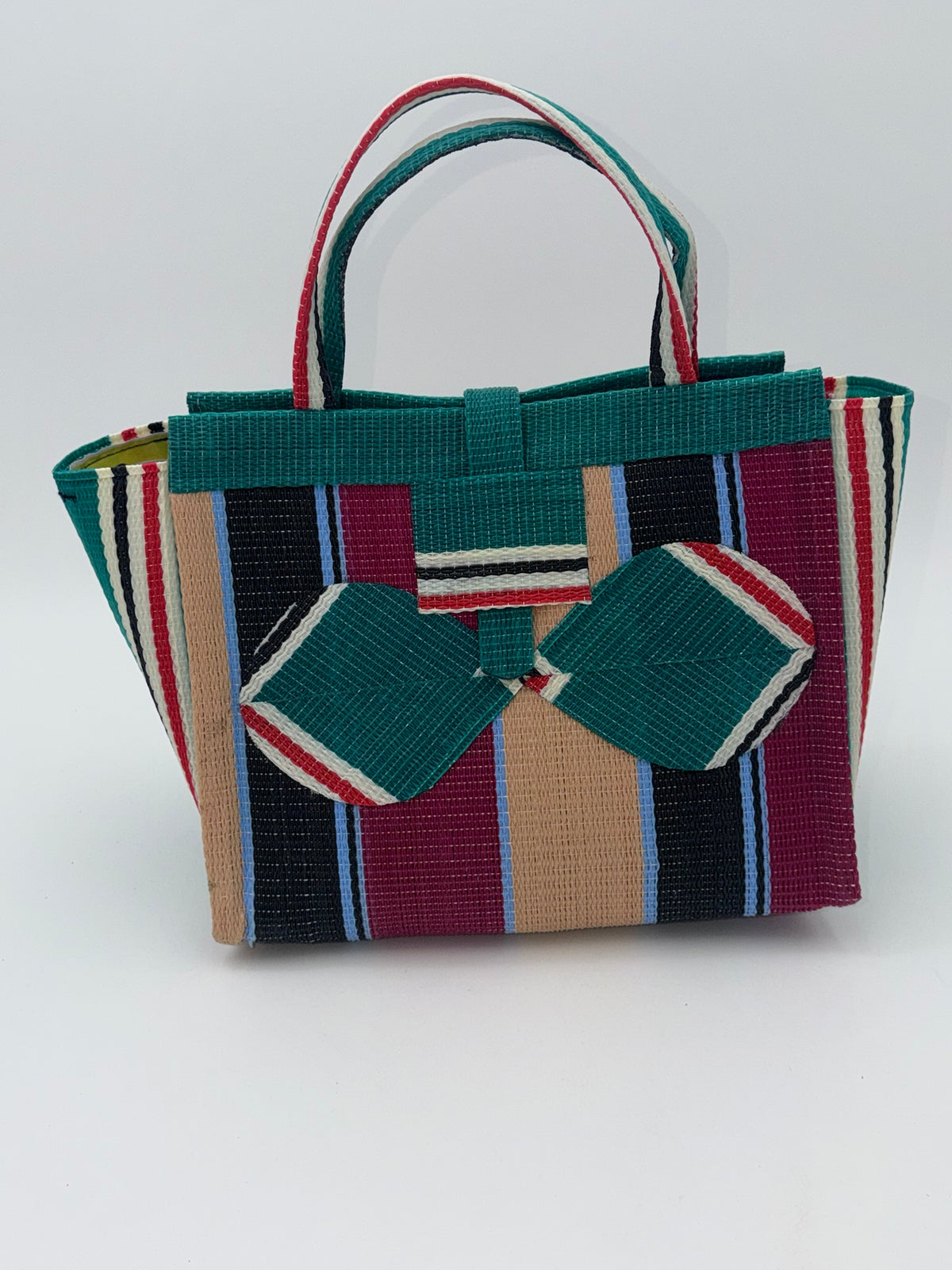 Winery Medium  handwoven tote bag by SCRUBIES in Green,Beige,Black,Wine, with Stripes design and Bow accent pattern