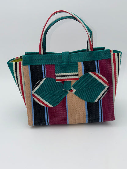 Winery Medium  handwoven tote bag by SCRUBIES in Green,Beige,Black,Wine, with Stripes design and Bow accent pattern