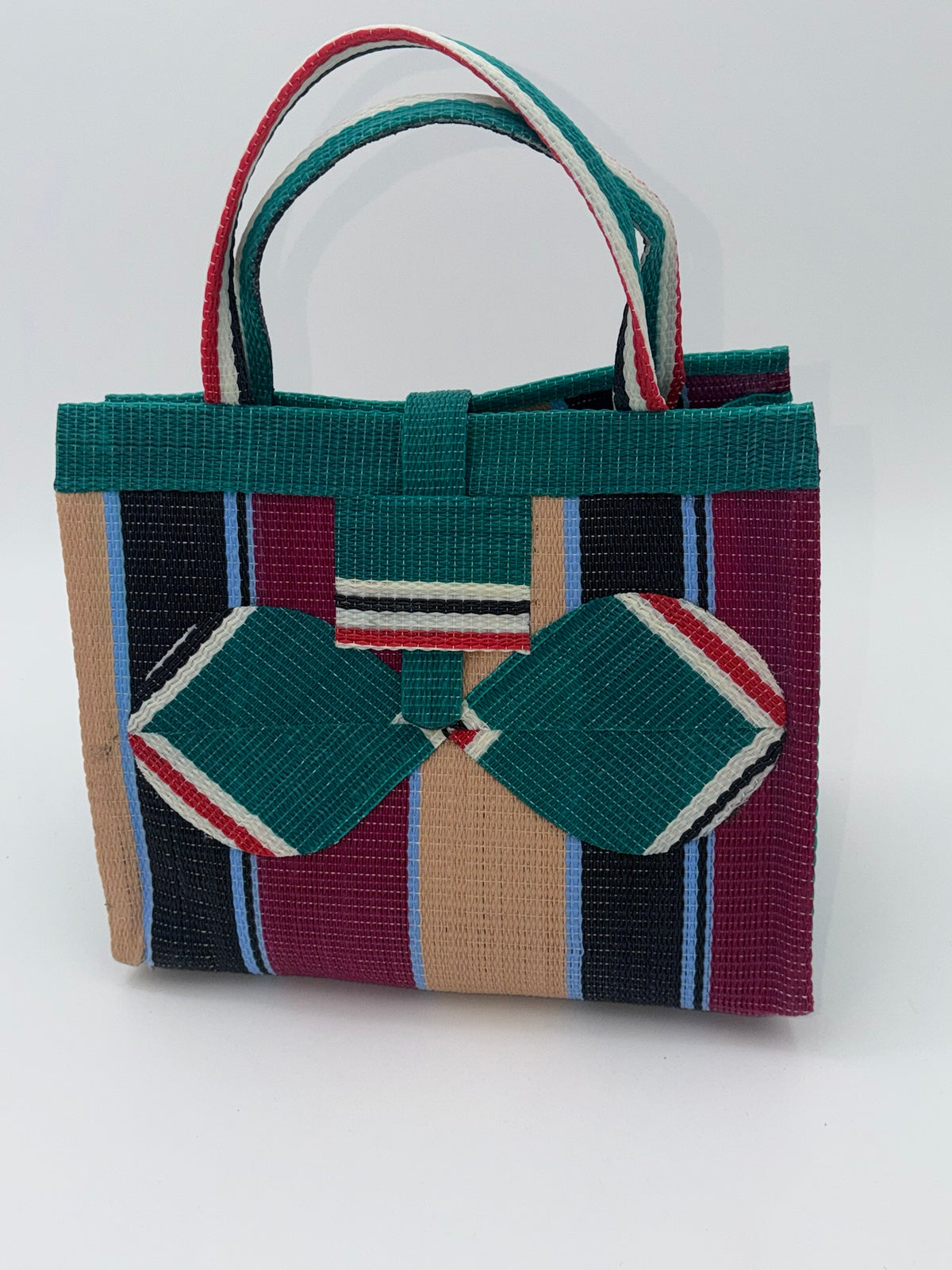 Winery Medium  handwoven tote bag by SCRUBIES in Green,Beige,Black,Wine, with Stripes design and Bow accent pattern