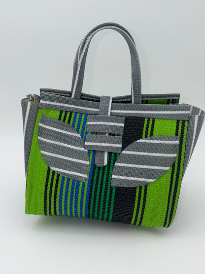 Emerald Medium  handwoven tote bag by SCRUBIES in Green,Black,Gray,White with Stripes design and Leaf accent pattern