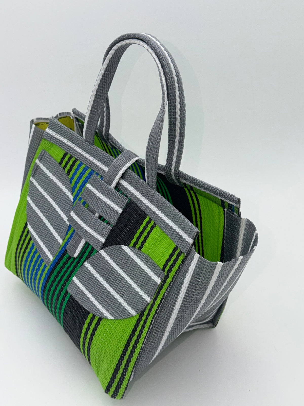 Emerald Medium  handwoven tote bag by SCRUBIES in Green,Black,Gray,White with Stripes design and Leaf accent pattern