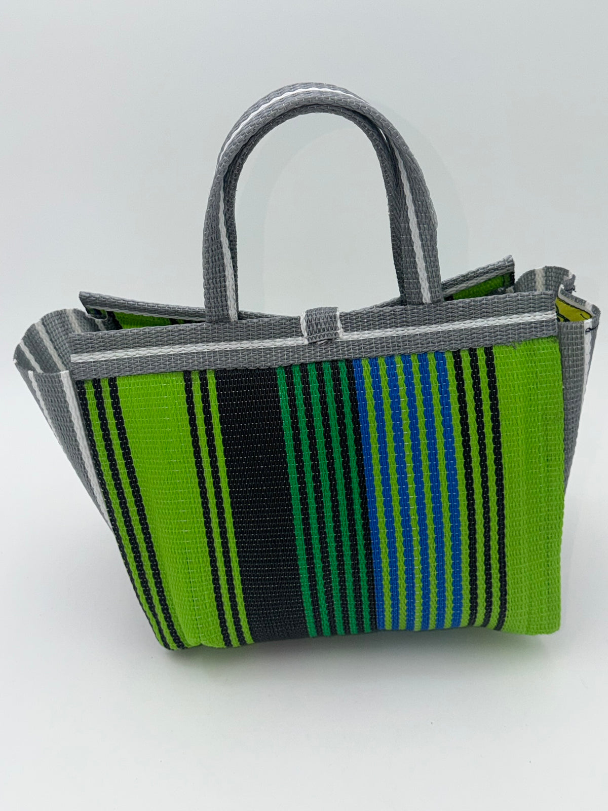 Emerald Medium  handwoven tote bag by SCRUBIES in Green,Black,Gray,White with Stripes design and Leaf accent pattern