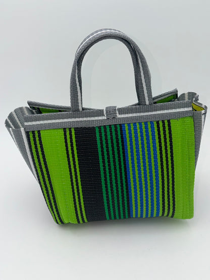 Emerald Medium  handwoven tote bag by SCRUBIES in Green,Black,Gray,White with Stripes design and Leaf accent pattern