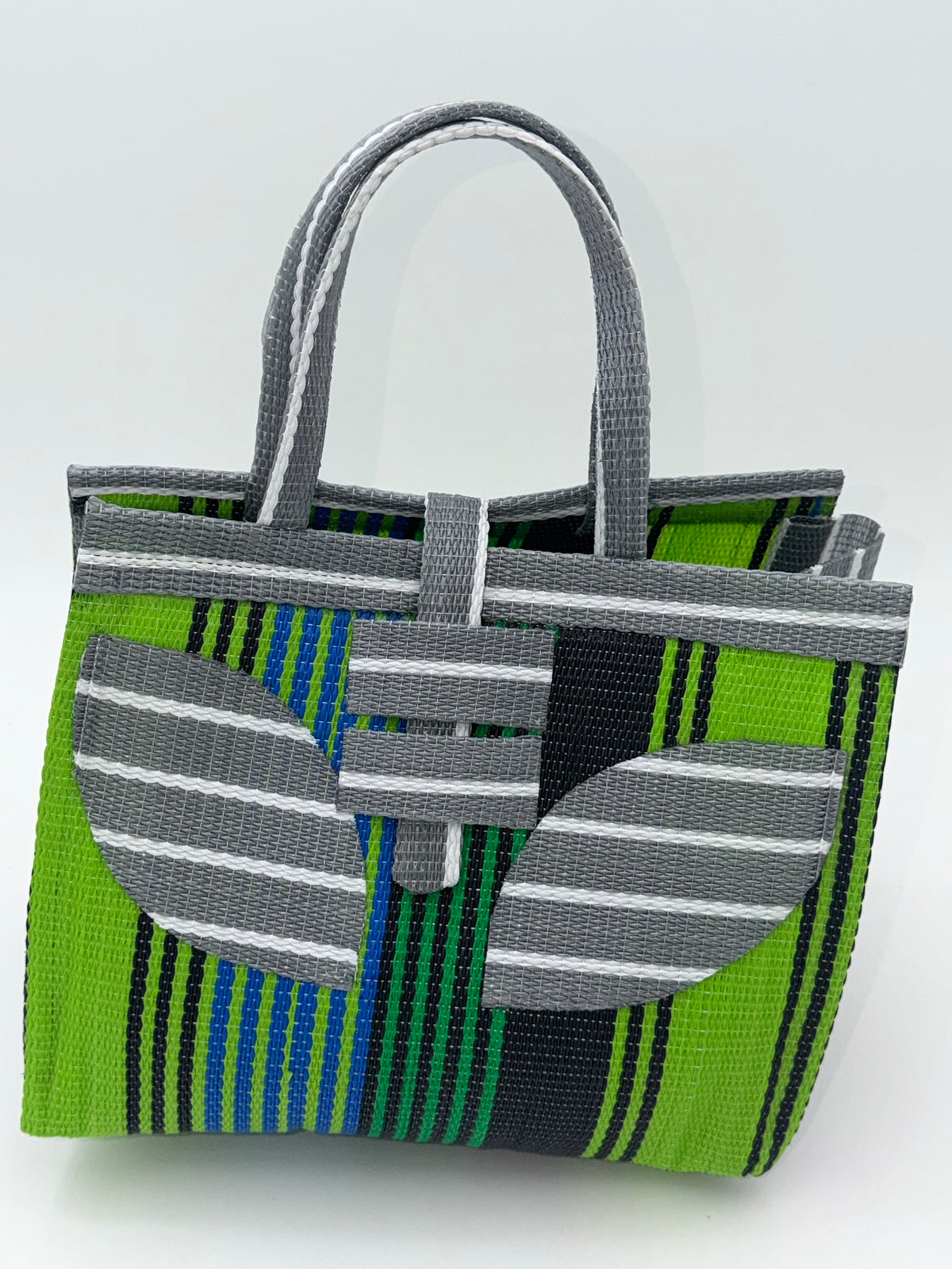Emerald Medium  handwoven tote bag by SCRUBIES in Green,Black,Gray,White with Stripes design and Leaf accent pattern