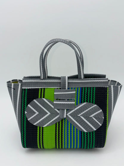 Emerald Medium  handwoven tote bag by SCRUBIES in Green,Black,Gray,White with Stripes design and Bow accent pattern