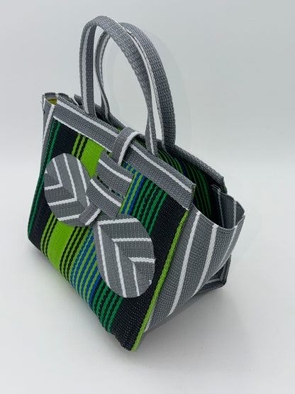 Emerald Medium  handwoven tote bag by SCRUBIES in Green,Black,Gray,White with Stripes design and Bow accent pattern