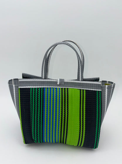 Emerald Medium  handwoven tote bag by SCRUBIES in Green,Black,Gray,White with Stripes design and Bow accent pattern