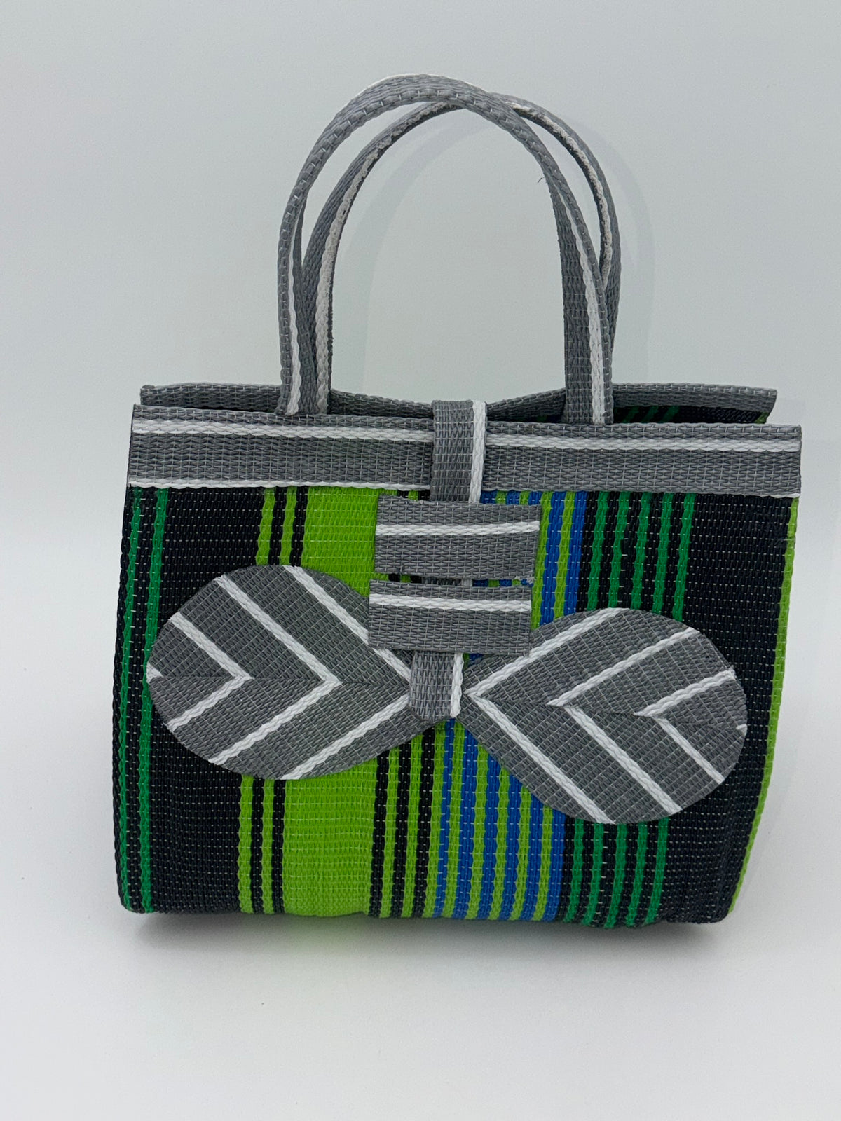 Emerald Medium  handwoven tote bag by SCRUBIES in Green,Black,Gray,White with Stripes design and Bow accent pattern
