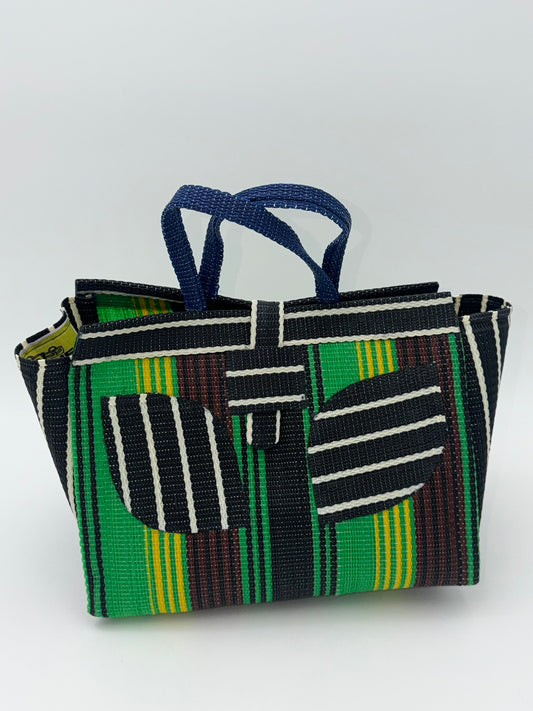 Emerald Medium  handwoven tote bag by SCRUBIES in Green,Brown,Yellow,Black,White with Stripes design and Leaf accent pattern