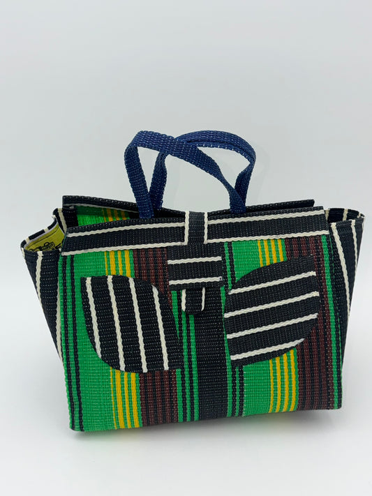 Emerald Medium  handwoven tote bag by SCRUBIES in Green,Brown,Yellow,Black,White with Stripes design and Leaf accent pattern
