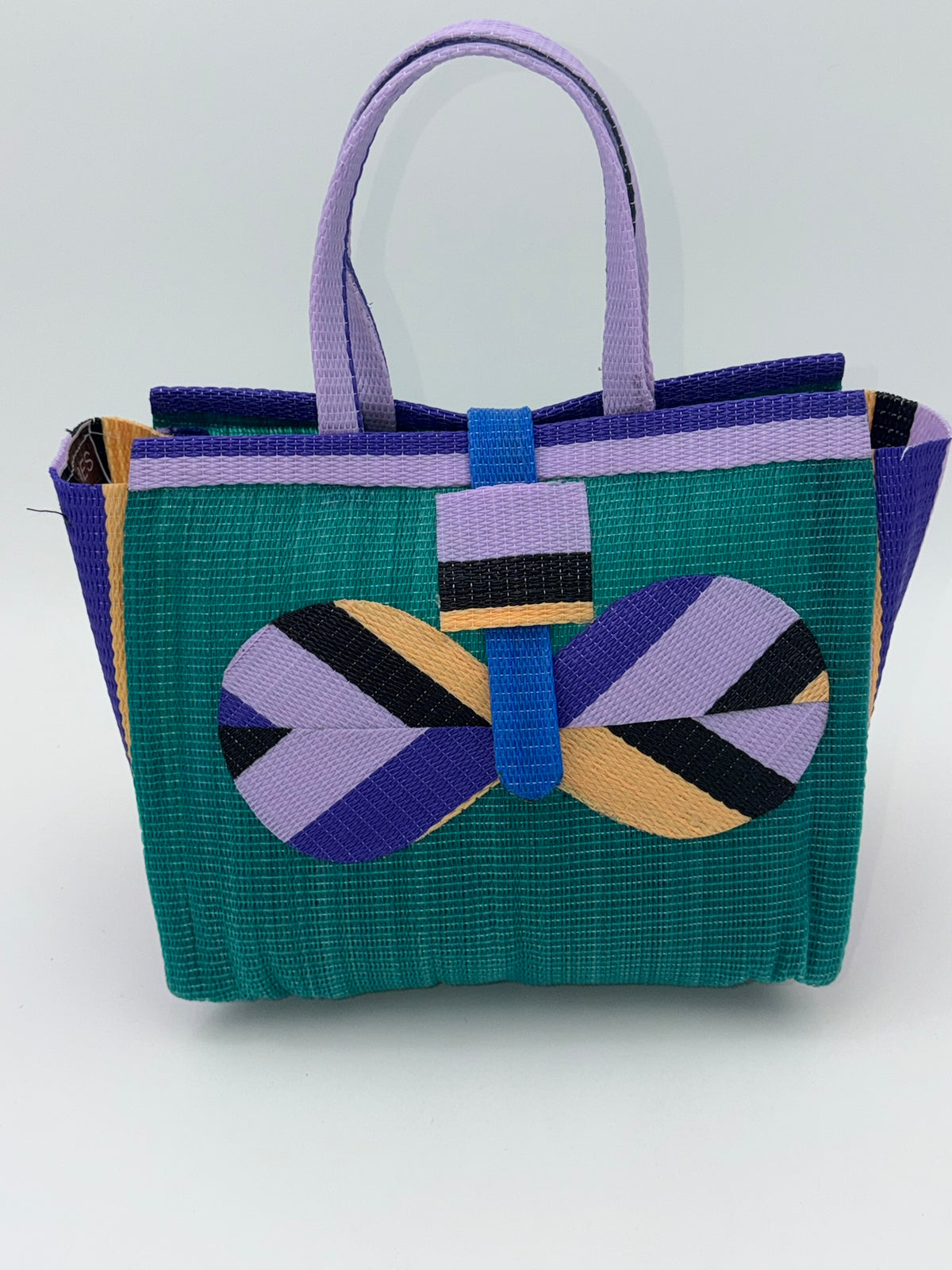Emerald Medium  handwoven tote bag by SCRUBIES in Green,Purple,Beige with Solid design and Bow accent pattern