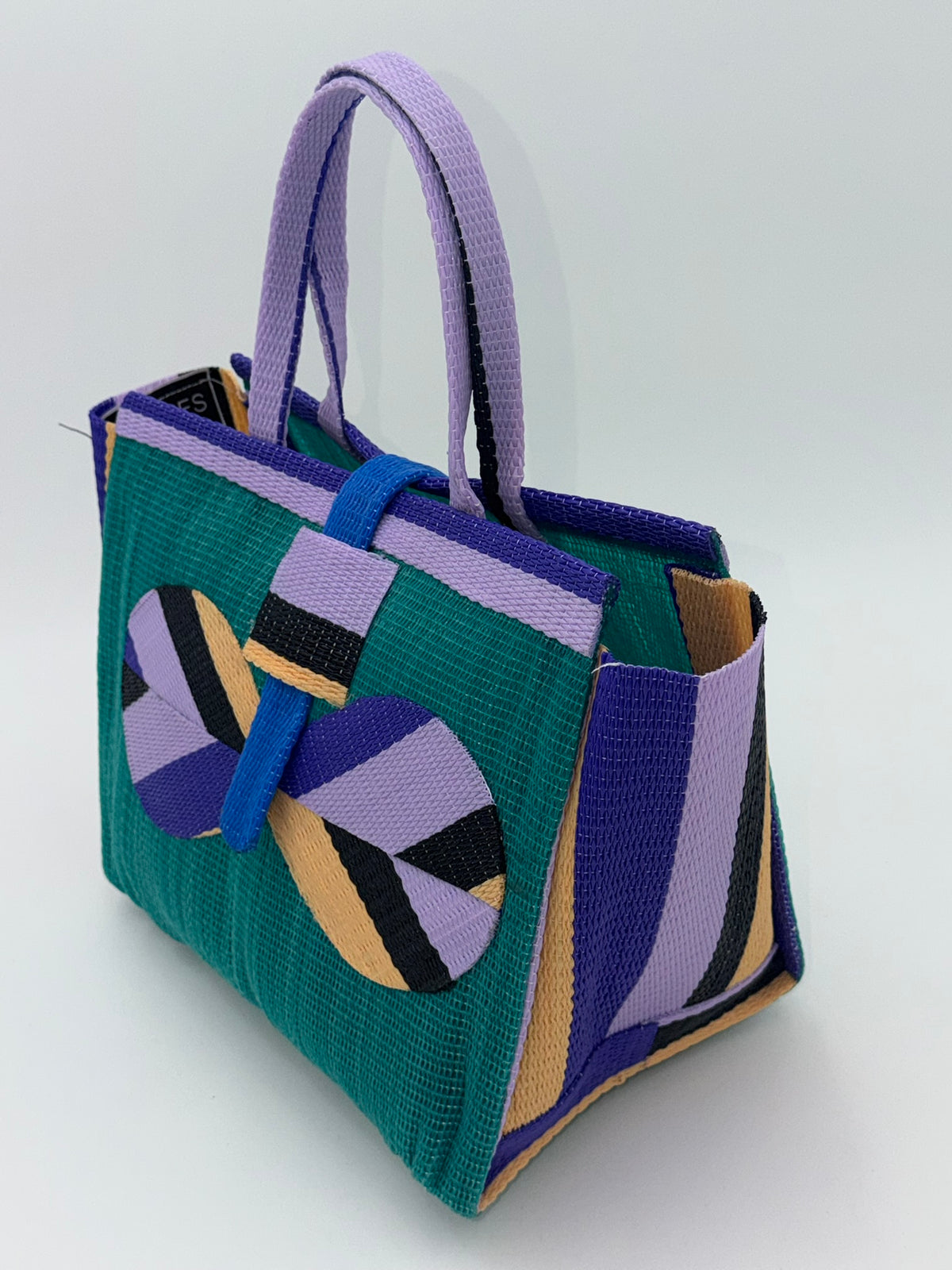 Emerald Medium  handwoven tote bag by SCRUBIES in Green,Purple,Beige with Solid design and Bow accent pattern