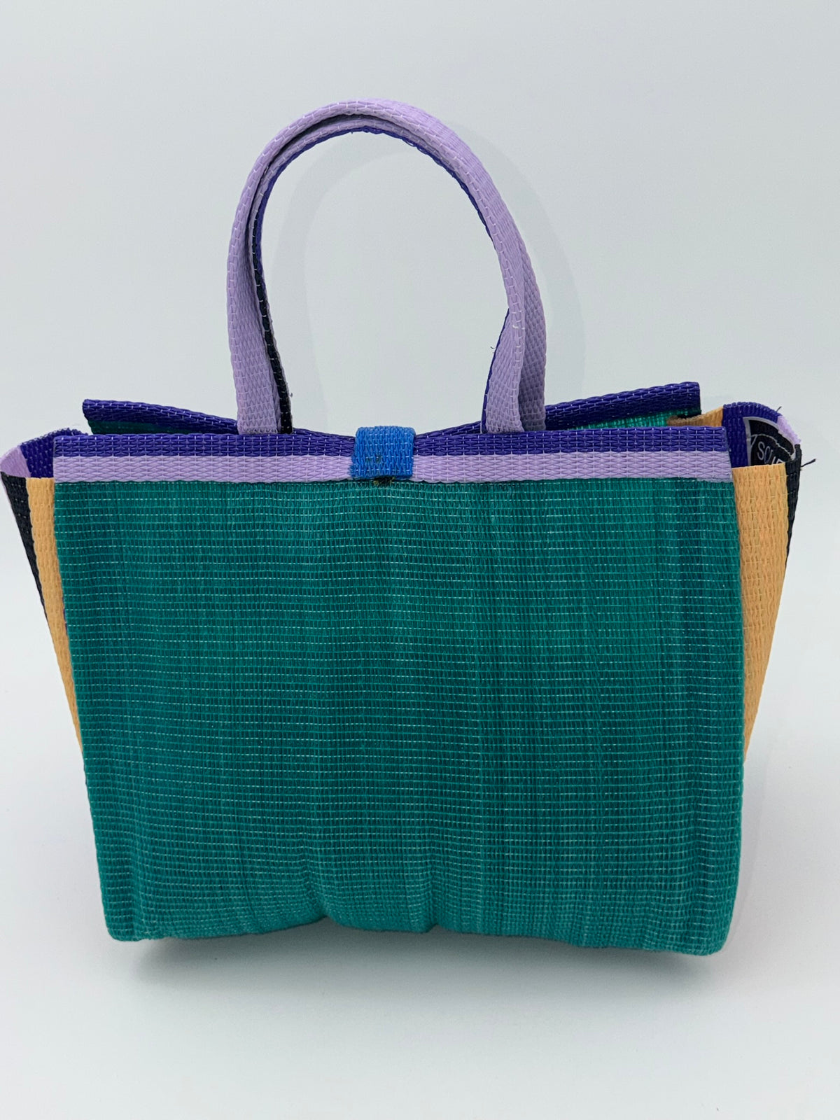 Emerald Medium  handwoven tote bag by SCRUBIES in Green,Purple,Beige with Solid design and Bow accent pattern