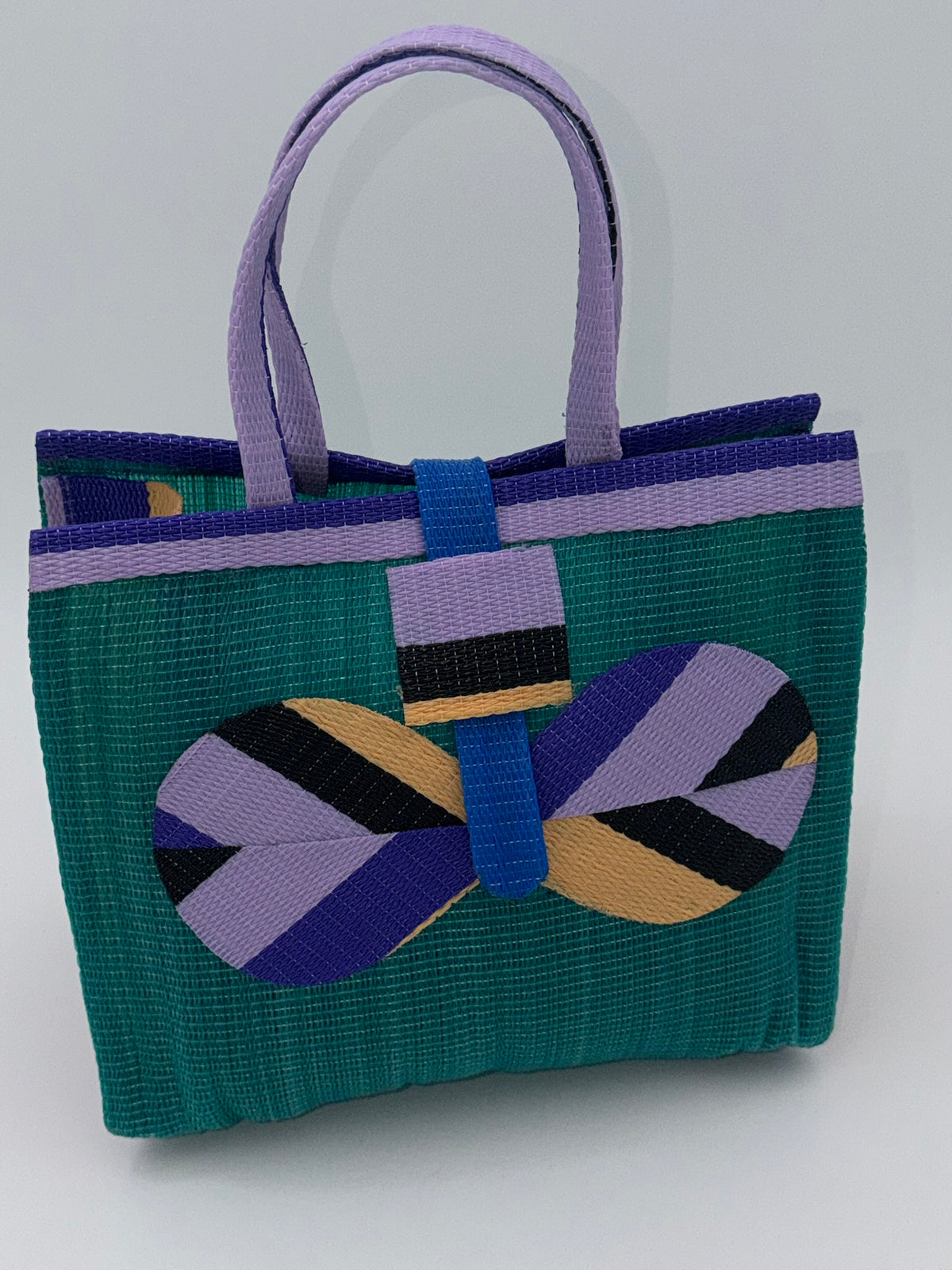 Emerald Medium  handwoven tote bag by SCRUBIES in Green,Purple,Beige with Solid design and Bow accent pattern