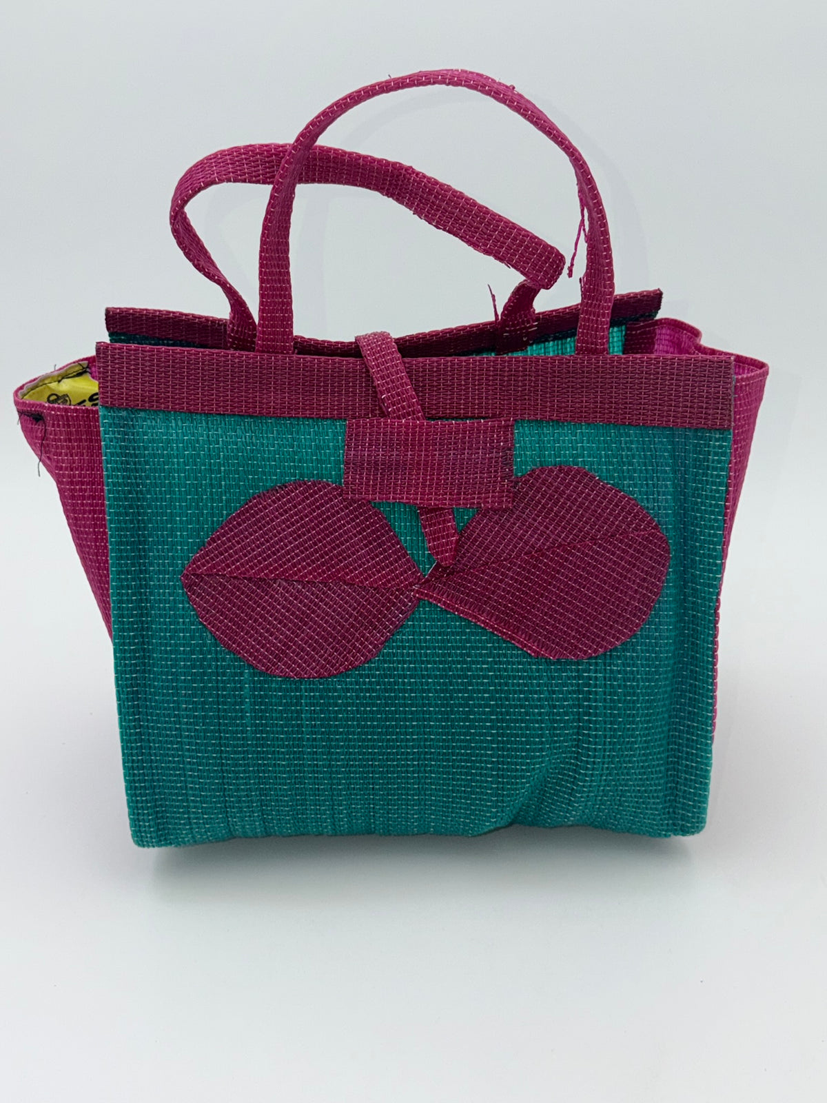 Emerald Medium  handwoven tote bag by SCRUBIES in Green,Wine with Solid design and Bow accent pattern