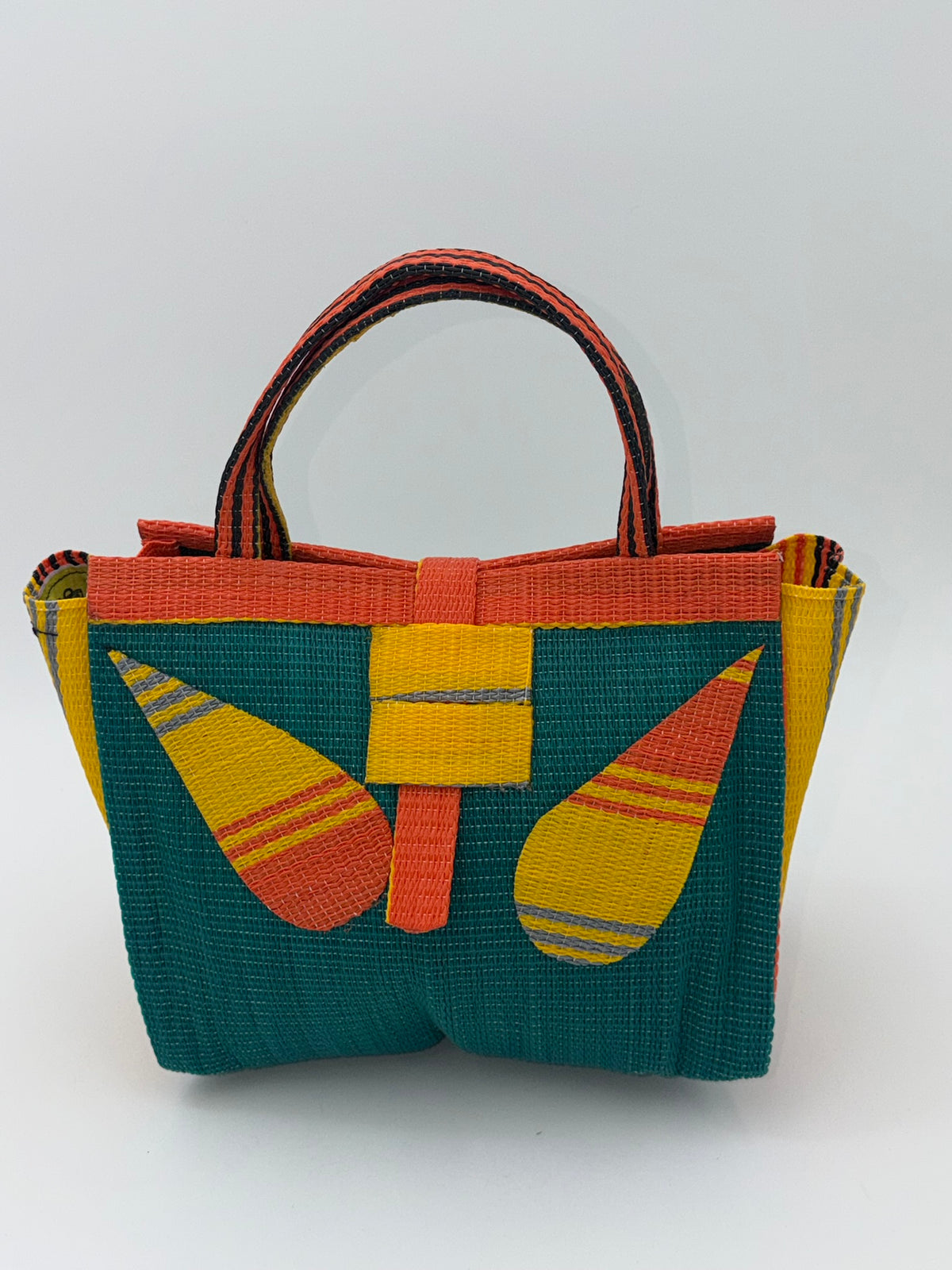 Emerald Medium  handwoven tote bag by SCRUBIES in Green,Orange,Yellow with Solid design and Leaf accent pattern
