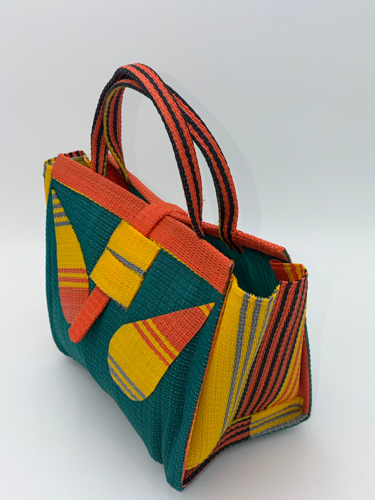 Emerald Medium  handwoven tote bag by SCRUBIES in Green,Orange,Yellow with Solid design and Leaf accent pattern