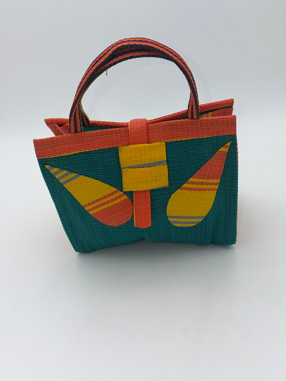 Emerald Medium  handwoven tote bag by SCRUBIES in Green,Orange,Yellow with Solid design and Leaf accent pattern