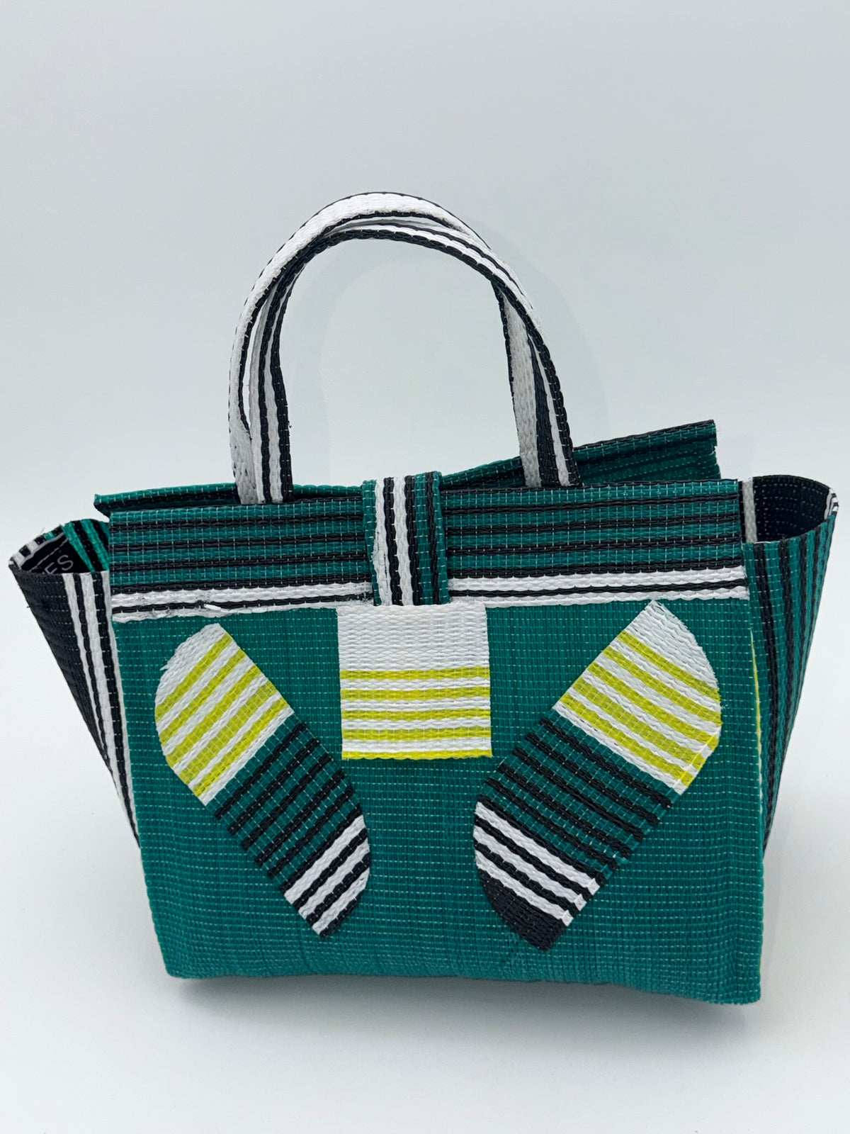 Emerald Medium  handwoven tote bag by SCRUBIES in Green,White,Black with Solid design and Leaf accent pattern