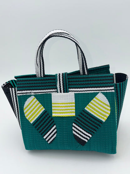 Emerald Medium  handwoven tote bag by SCRUBIES in Green,White,Black with Solid design and Leaf accent pattern