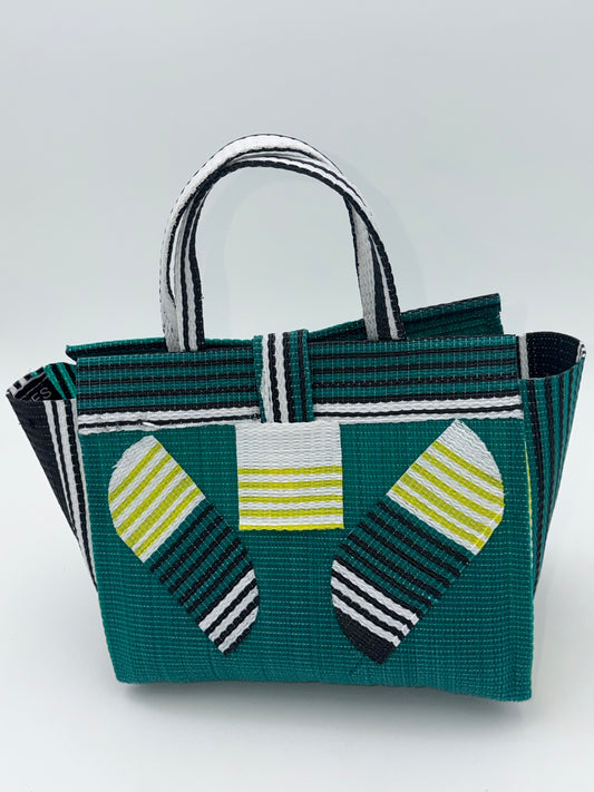 Emerald Medium  handwoven tote bag by SCRUBIES in Green,White,Black with Solid design and Leaf accent pattern