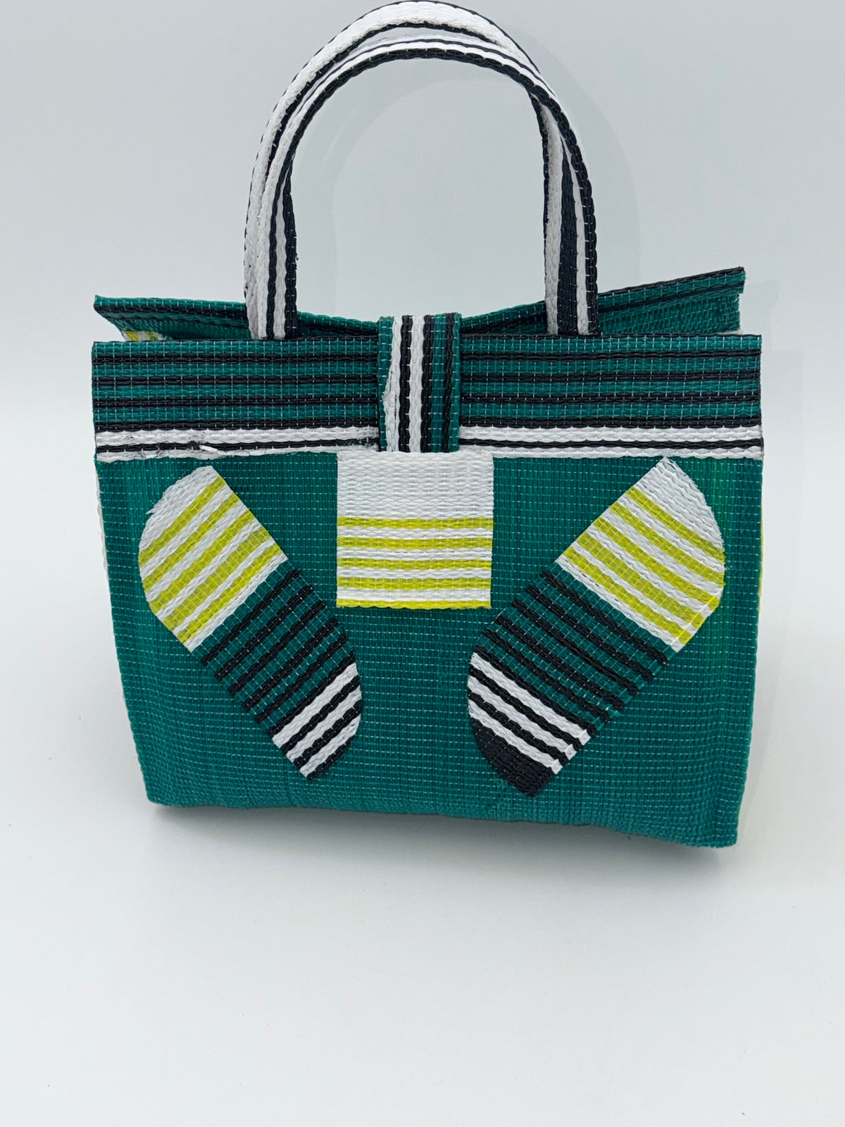 Emerald Medium  handwoven tote bag by SCRUBIES in Green,White,Black with Solid design and Leaf accent pattern