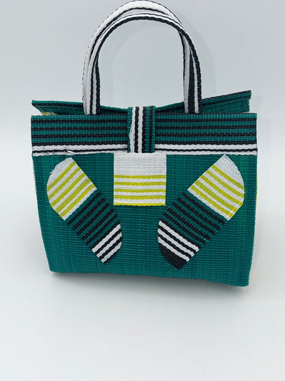 Emerald Medium  handwoven tote bag by SCRUBIES in Green,White,Black with Solid design and Leaf accent pattern