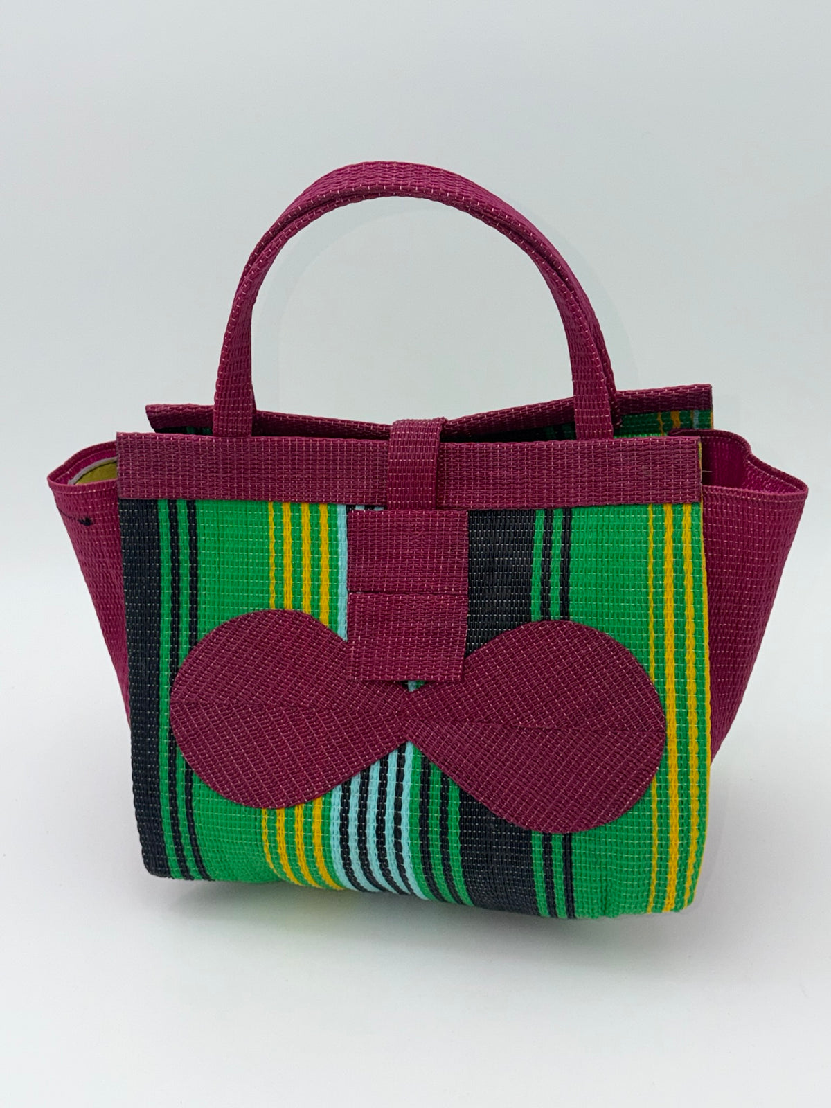 Emerald Medium  handwoven tote bag by SCRUBIES in Wine,Green,Yellow,Black with Stripes design and Bow accent pattern