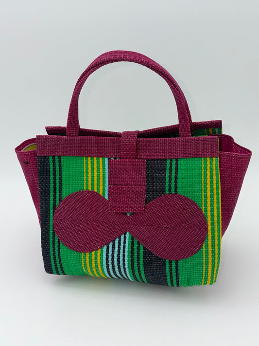 Emerald Medium  handwoven tote bag by SCRUBIES in Wine,Green,Yellow,Black with Stripes design and Bow accent pattern