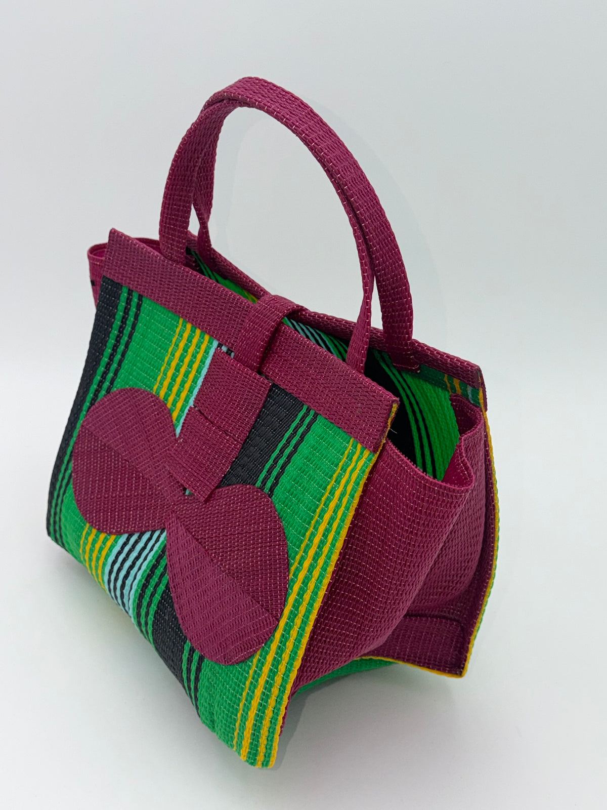 Emerald Medium  handwoven tote bag by SCRUBIES in Wine,Green,Yellow,Black with Stripes design and Bow accent pattern