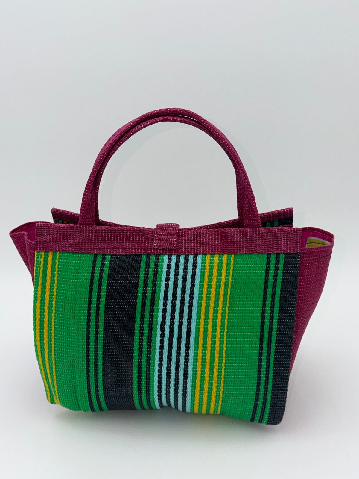 Emerald Medium  handwoven tote bag by SCRUBIES in Wine,Green,Yellow,Black with Stripes design and Bow accent pattern