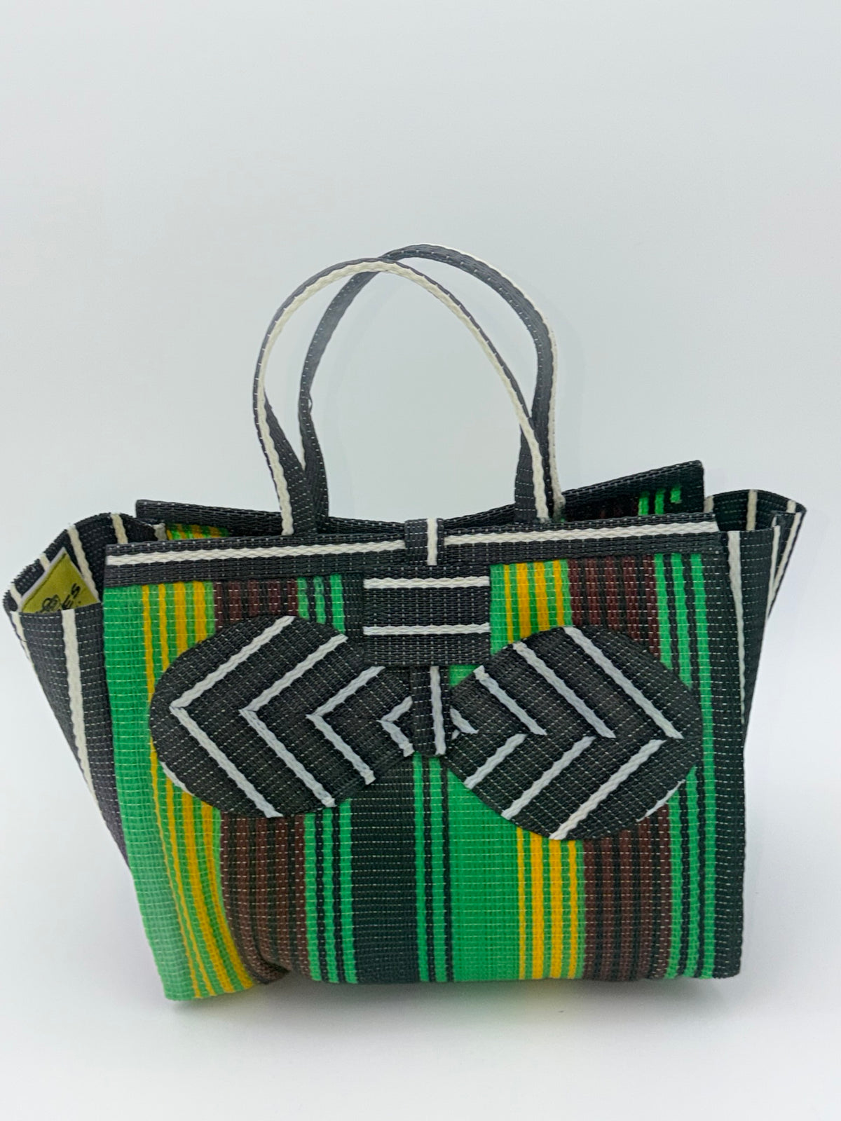 Emerald Medium  handwoven tote bag by SCRUBIES in Green,Yellow,Brown,Black,White with Stripes design and Bow accent pattern