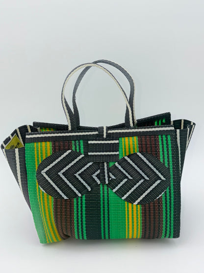 Emerald Medium  handwoven tote bag by SCRUBIES in Green,Yellow,Brown,Black,White with Stripes design and Bow accent pattern