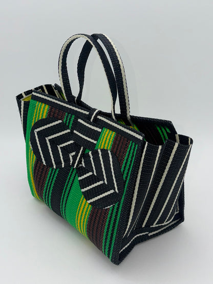 Emerald Medium  handwoven tote bag by SCRUBIES in Green,Yellow,Brown,Black,White with Stripes design and Bow accent pattern