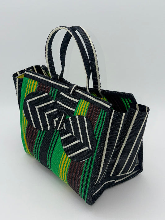 Emerald Medium  handwoven tote bag by SCRUBIES in Green,Yellow,Brown,Black,White with Stripes design and Bow accent pattern