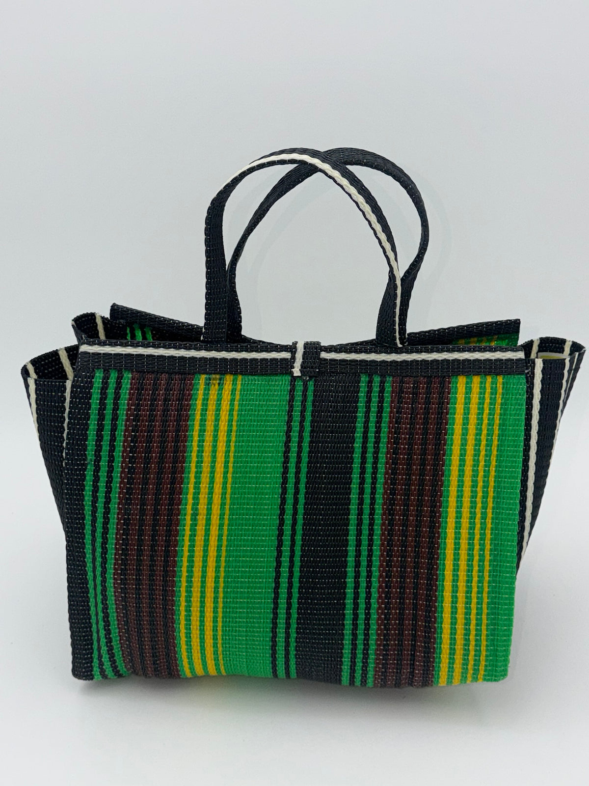 Emerald Medium  handwoven tote bag by SCRUBIES in Green,Yellow,Brown,Black,White with Stripes design and Bow accent pattern