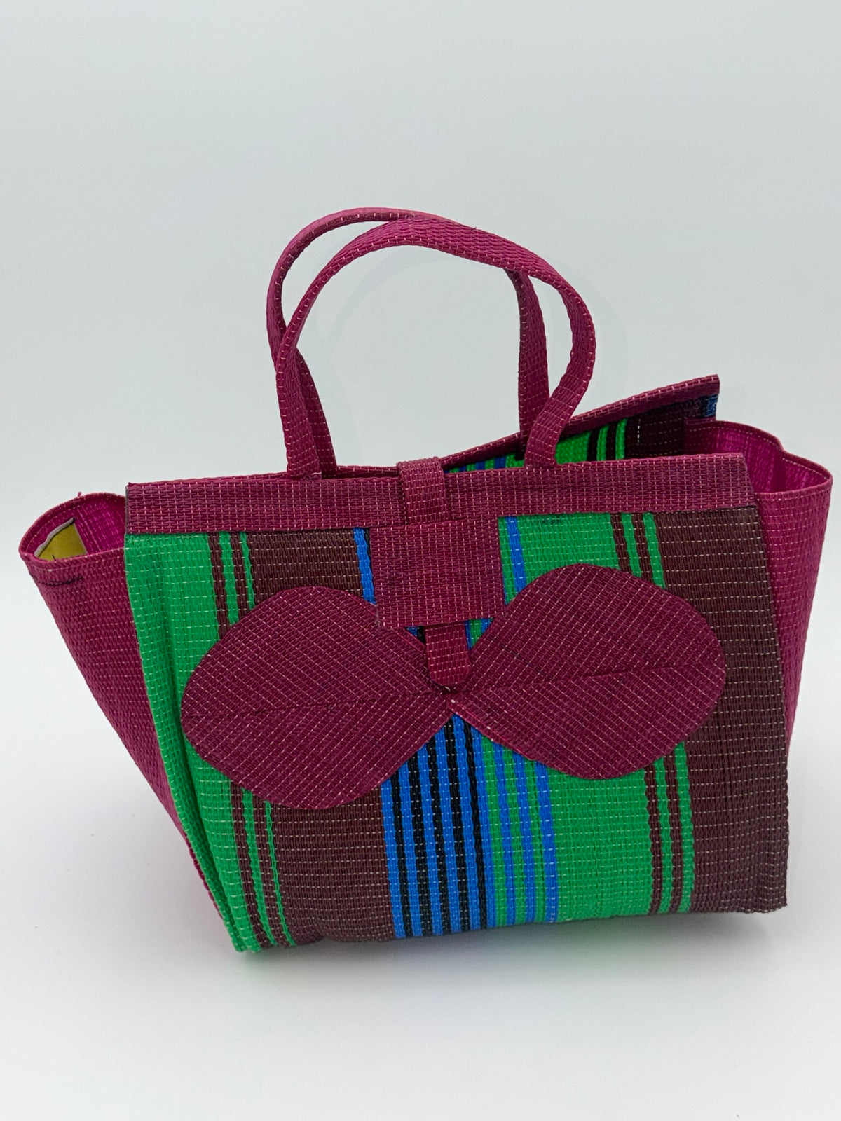 Emerald Medium  handwoven tote bag by SCRUBIES in Wine,Green,Brown,Blue with Stripes design and Bow accent pattern