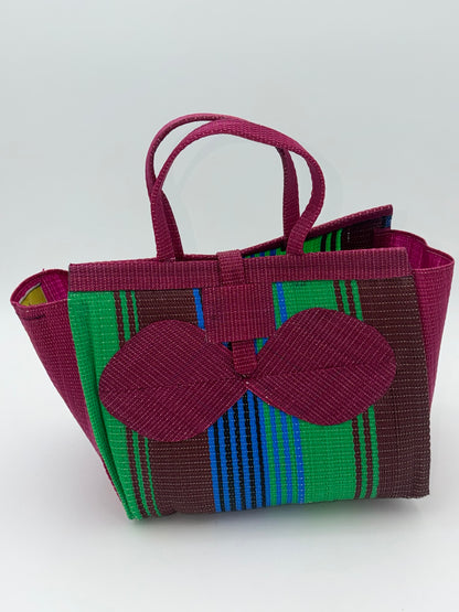Emerald Medium  handwoven tote bag by SCRUBIES in Wine,Green,Brown,Blue with Stripes design and Bow accent pattern